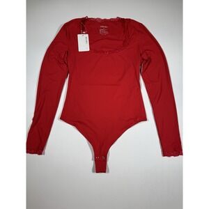 REORIA Women's Sexy Lace Scoop Neck Long Sleeve Double Lined Layering Slim Sz M